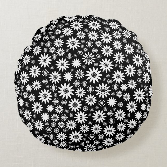 Flower Pattern - White and Black Round Pillow (Front)