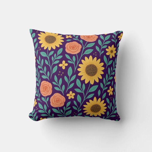 Flower pattern with dark purple background throw pillow (Front)