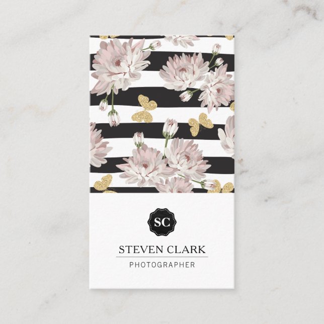 Flower pattern with glittering butterflies business card (Front)