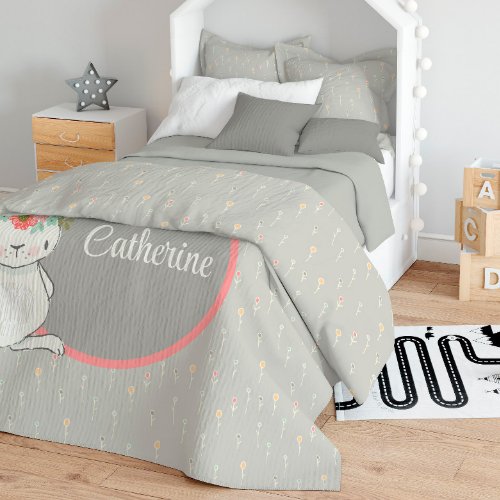Flower Pattern with little Bunny and Name Duvet Cover