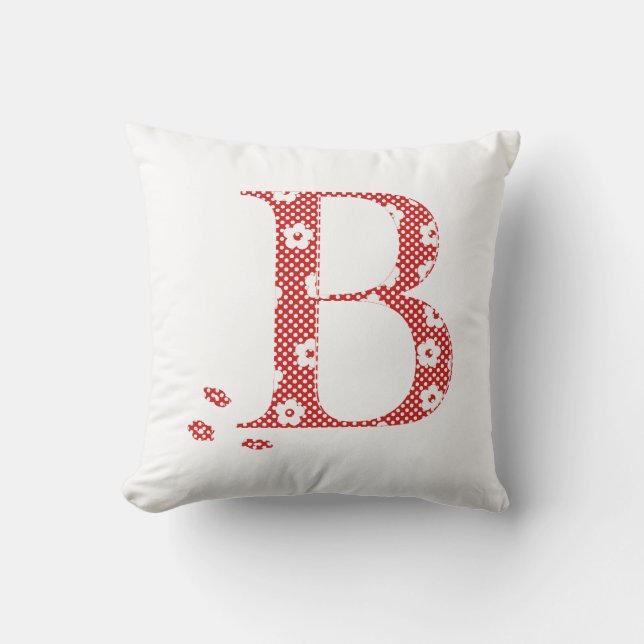 flower Patterned Letter B(red & dots) Throw Pillow (Front)