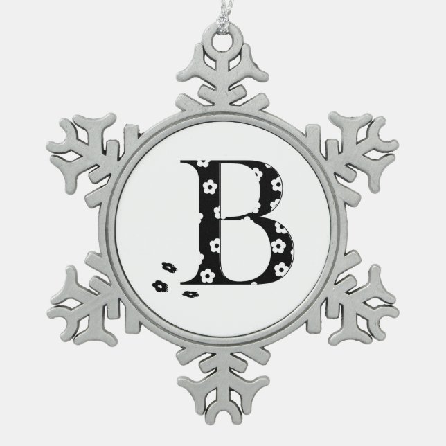flower Patterned Letter B Snowflake Pewter Christmas Ornament (Front)