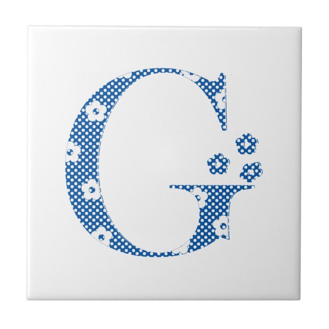 flower Patterned Letter G(blue & dots) Ceramic Tile (Front)