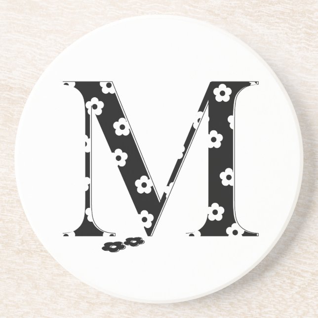 flower Patterned Letter M Sandstone Coaster (Front)