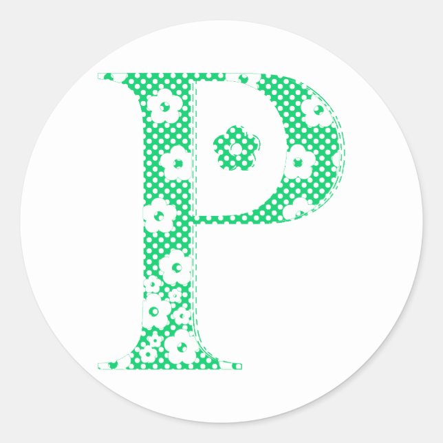 flower Patterned Letter P (green & dots) Classic Round Sticker (Front)