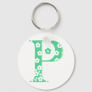 flower Patterned Letter P (green & dots) Keychain