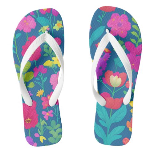 Flower Patterns in Blue Background Flip Flops