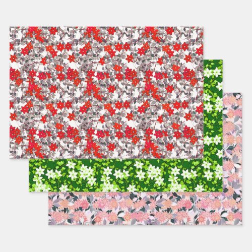 Flower Patterns Red Pink and Gray White  Green Wrapping Paper Sheets