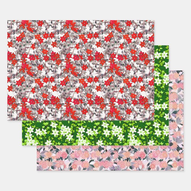 Flower Patterns, Red, Pink and Gray, White & Green Wrapping Paper Sheets (Set)