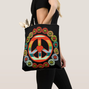 Flower Peace Sign Retro Hippy Tote Bag