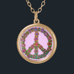 Flower Peace Sign Symbol Gold Plated Necklace<br><div class="desc">A retro peace sign / peace symbol with tie dye colors and brightly colored flowers over it. A colorful design for proud hippies / lovers of world peace.</div>