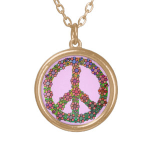 Flower Peace Sign Symbol Gold Plated Necklace