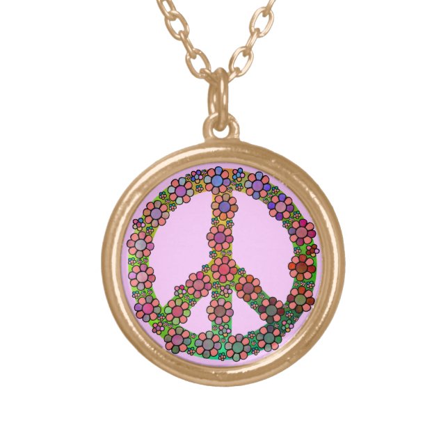 Flower Peace Sign Symbol Gold Plated Necklace (Front)