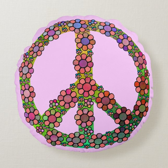 Flower Peace Sign Symbol Round Pillow (Front)