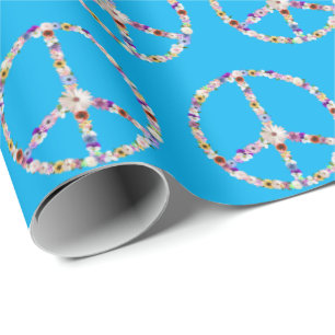 Flower Peace Signs On Aqua Wrapping Paper