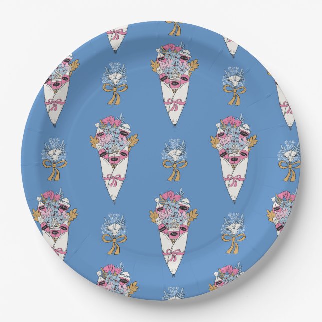 Flower & Perfume Bouquet Bundle on blue Paper Plates (Front)