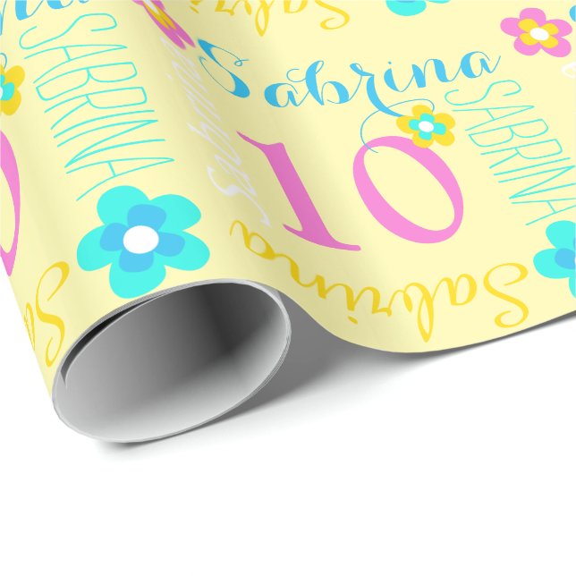 Flower personalized name age 10th birthday wrap wrapping paper (Roll Corner)