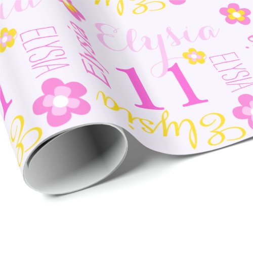 Flower personalized name age 11th birthday wrap wrapping paper