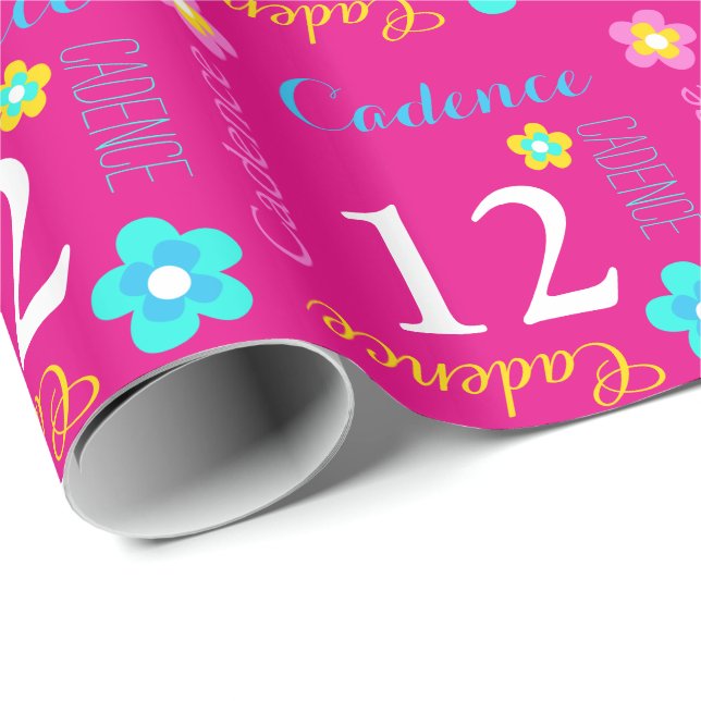 Flower personalized name age 12th birthday wrap wrapping paper (Roll Corner)
