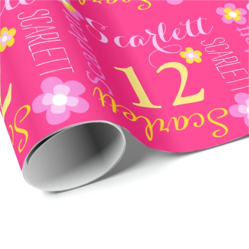 Flower personalized name age 12th birthday wrap wrapping paper