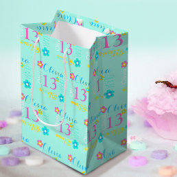 Flower personalized name age 13th birthday  medium gift bag