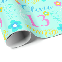 Flower personalized name age 13th birthday wrap wrapping paper