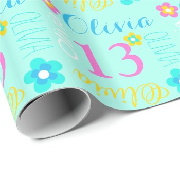 Flower Personalized Name Age 13th Birthday Wrap Wrapping Paper by Mylittleeden at Zazzle
