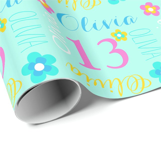 Flower personalized name age 13th birthday wrap wrapping paper (Roll Corner)