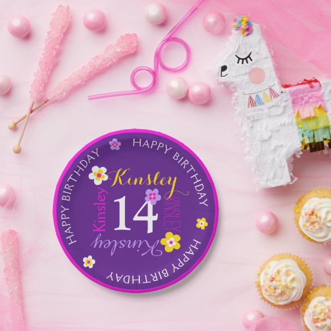 Flower personalized name age 14th birthday purple paper plates (Party)
