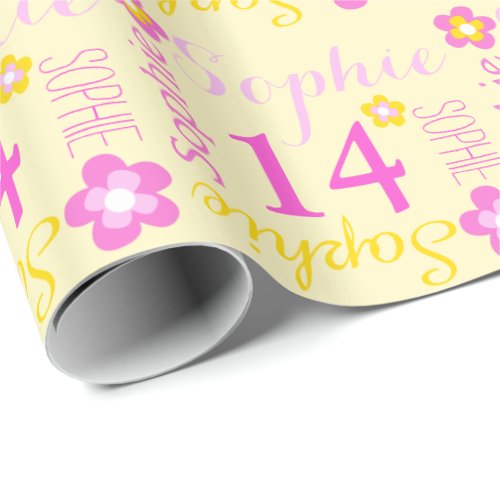 Flower personalized name age 14th birthday wrap wrapping paper