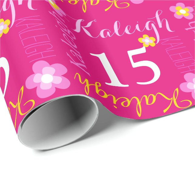 Flower personalized name age 15th birthday wrap wrapping paper (Roll Corner)