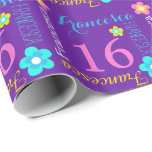 Flower personalized name age 16th birthday wrap wrapping paper<br><div class="desc">Modern text and flower design personalized age birthday girls gift wrapping paper, featuring graphic flowers and your own nine letter name in purple, pink, white and yellow. Personalize with your own name (please note not all names will fit due to the nature of the font) and age, currently reads Francesca...</div>