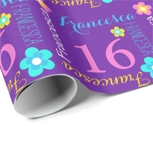 Flower personalized name age 16th birthday wrap wrapping paper