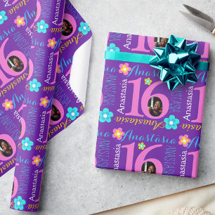 Flower personalized name age 16th birthday wrap wrapping paper