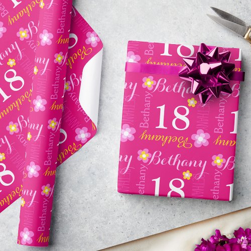 Flower personalized name age 18th birthday wrap wrapping paper