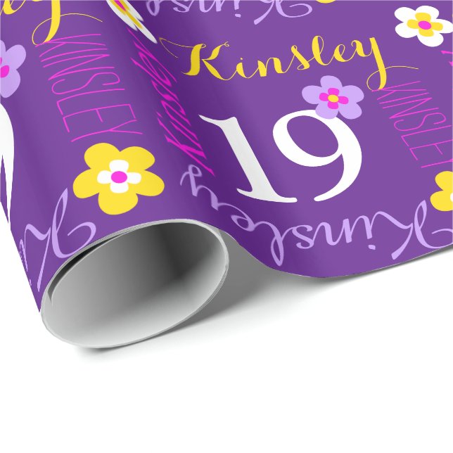 Flower personalized name age 19th birthday purple wrapping paper (Roll Corner)
