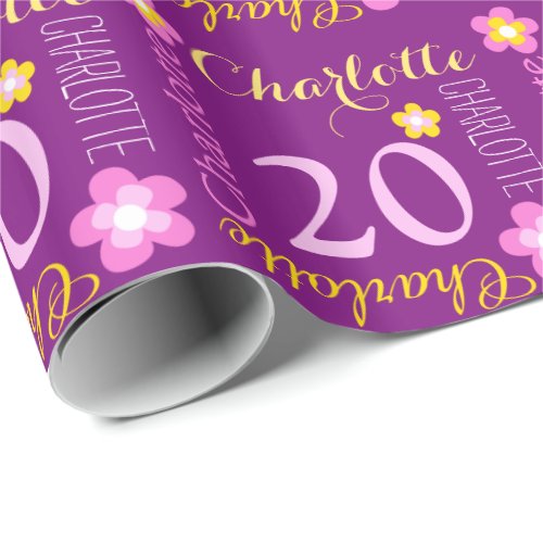 Flower personalized name age 20th birthday wrap wrapping paper
