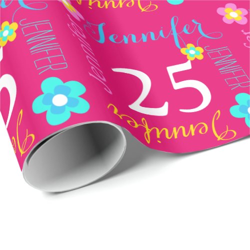 Flower personalized name age 25th birthday wrap wrapping paper