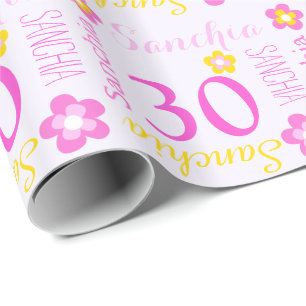 Flower personalized name age 30th birthday wrap wrapping paper