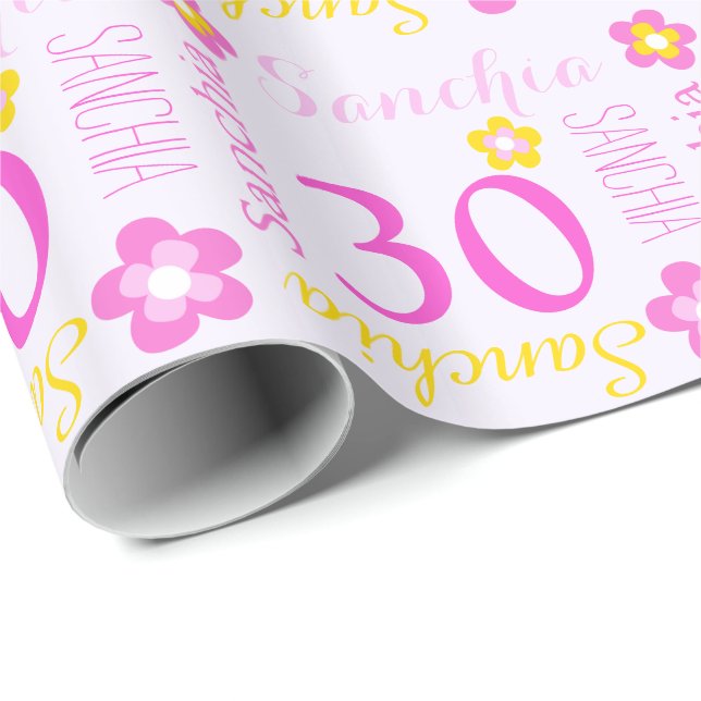 Flower personalized name age 30th birthday wrap wrapping paper (Roll Corner)