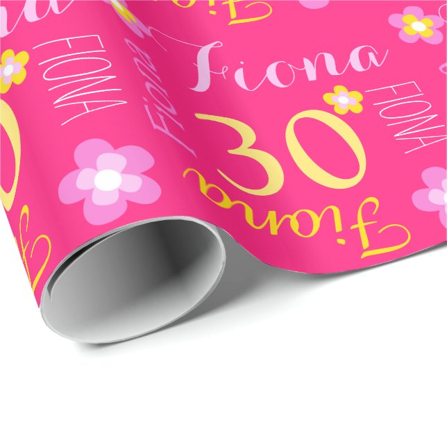 Flower personalized name age 30th birthday wrap wrapping paper (Roll Corner)