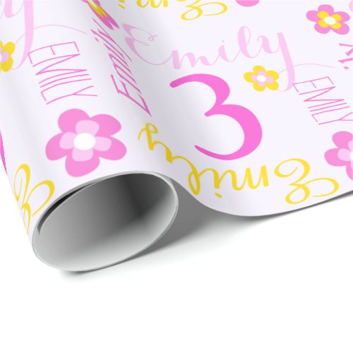 Flower personalized name age 3rd birthday wrap wrapping paper