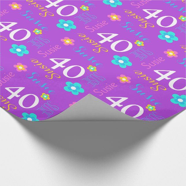 Flower personalized name age 40th birthday wrap wrapping paper (Corner)