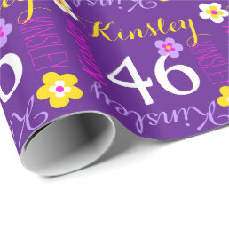 Flower personalized name age 46th birthday purple wrapping paper