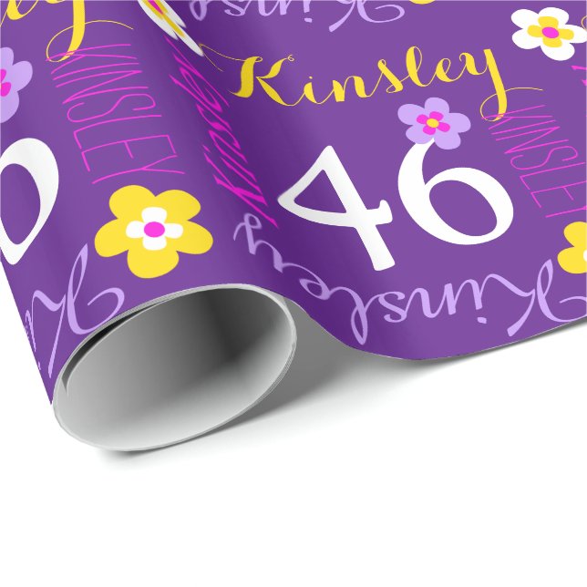 Flower personalized name age 46th birthday purple wrapping paper (Roll Corner)