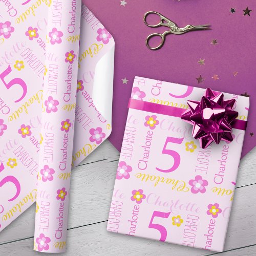 Flower personalized name age 5th birthday wrap wrapping paper