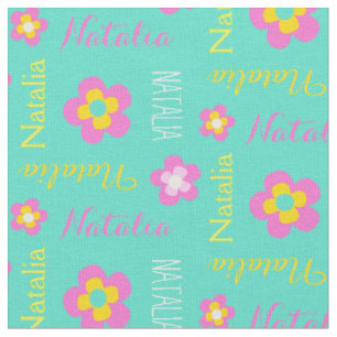 Flower personalized name pink aqua text fabric