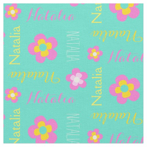 Flower personalized name pink aqua text fabric