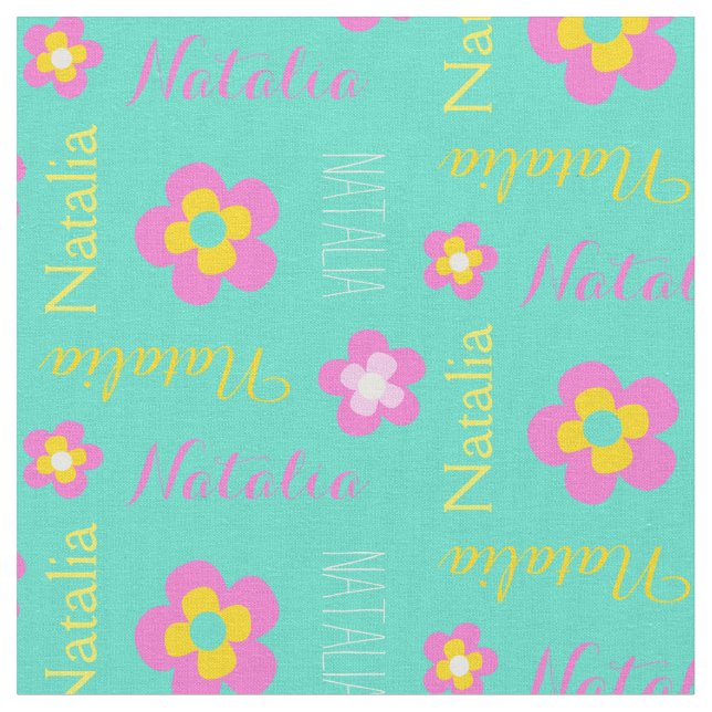 Flower personalized name pink aqua text fabric (Close Up)