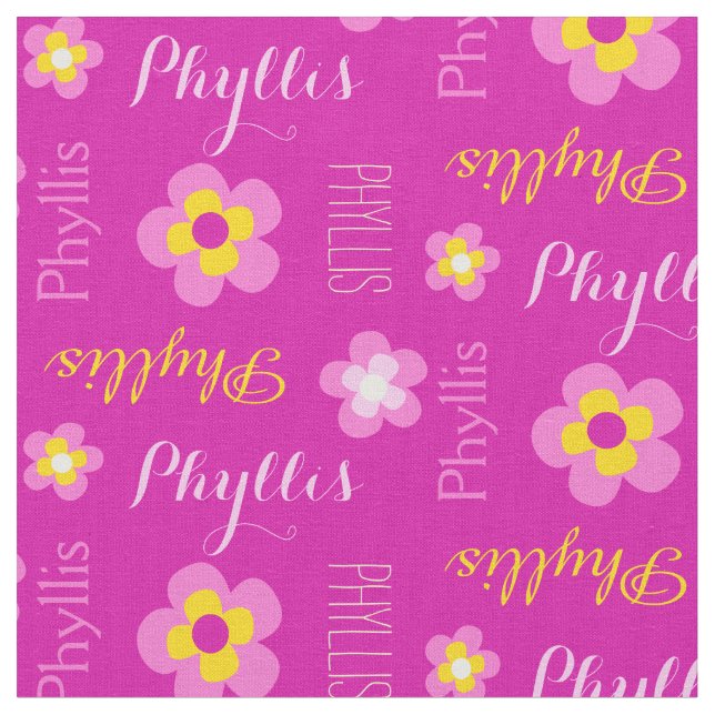 Flower personalized name pink typographic fabric (Close Up)